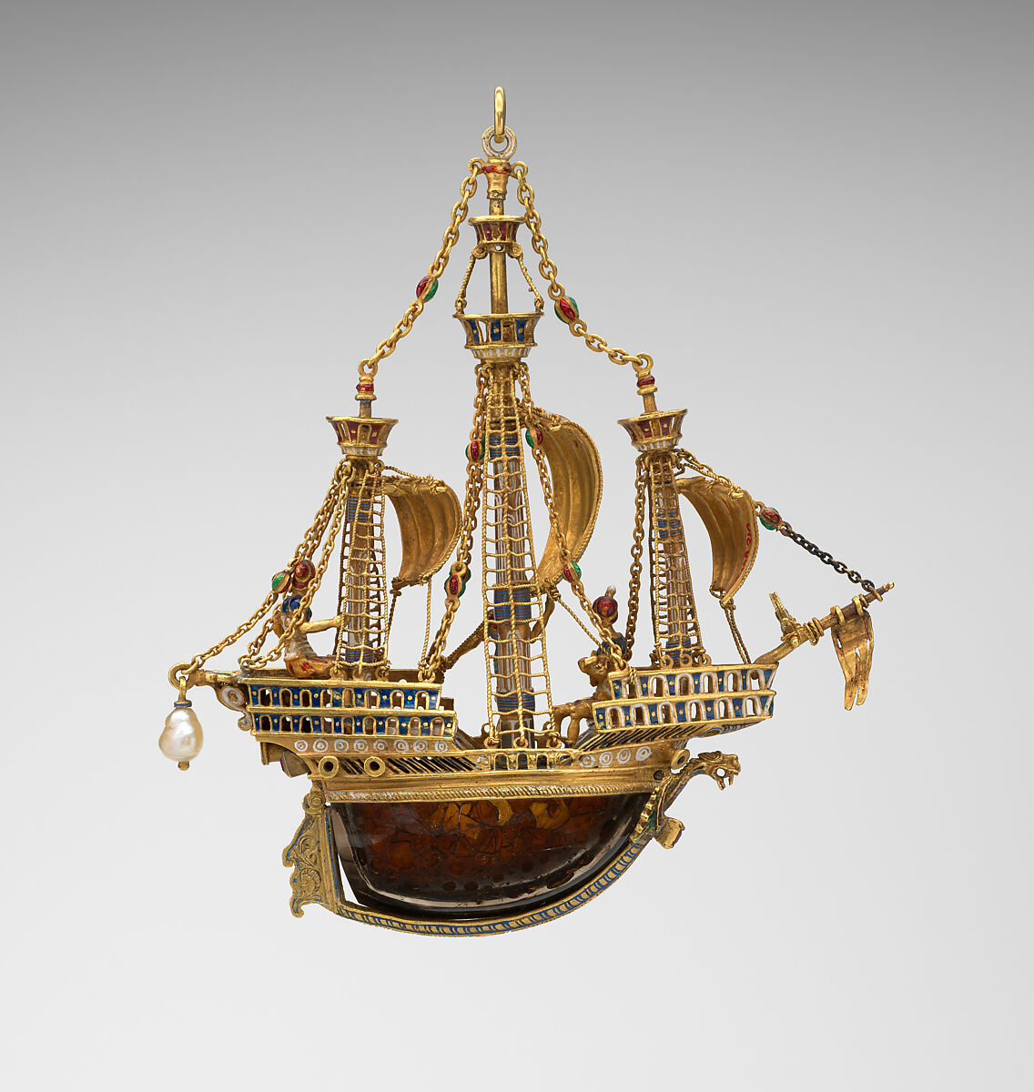Pendant in the form of a ship, Alfred André (French, 1839–1919), Gold, partly enameled and set with gems; baroque pearl; rock crystal, French, Paris