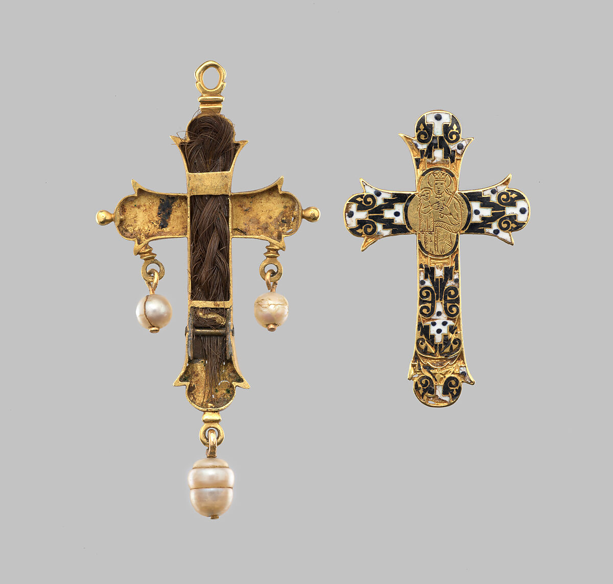 Reliquary crucifix pendant, Gold, enamel, pearls; hair, Spanish or Sicilian