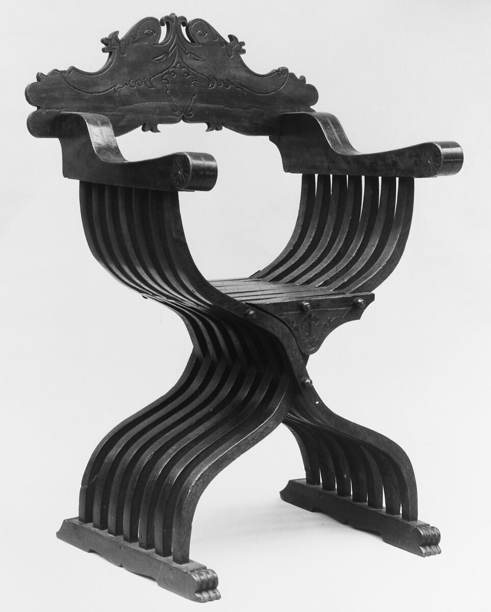 Folding armchair, Carved walnut, Italian (Tyrolese or North Italian) 