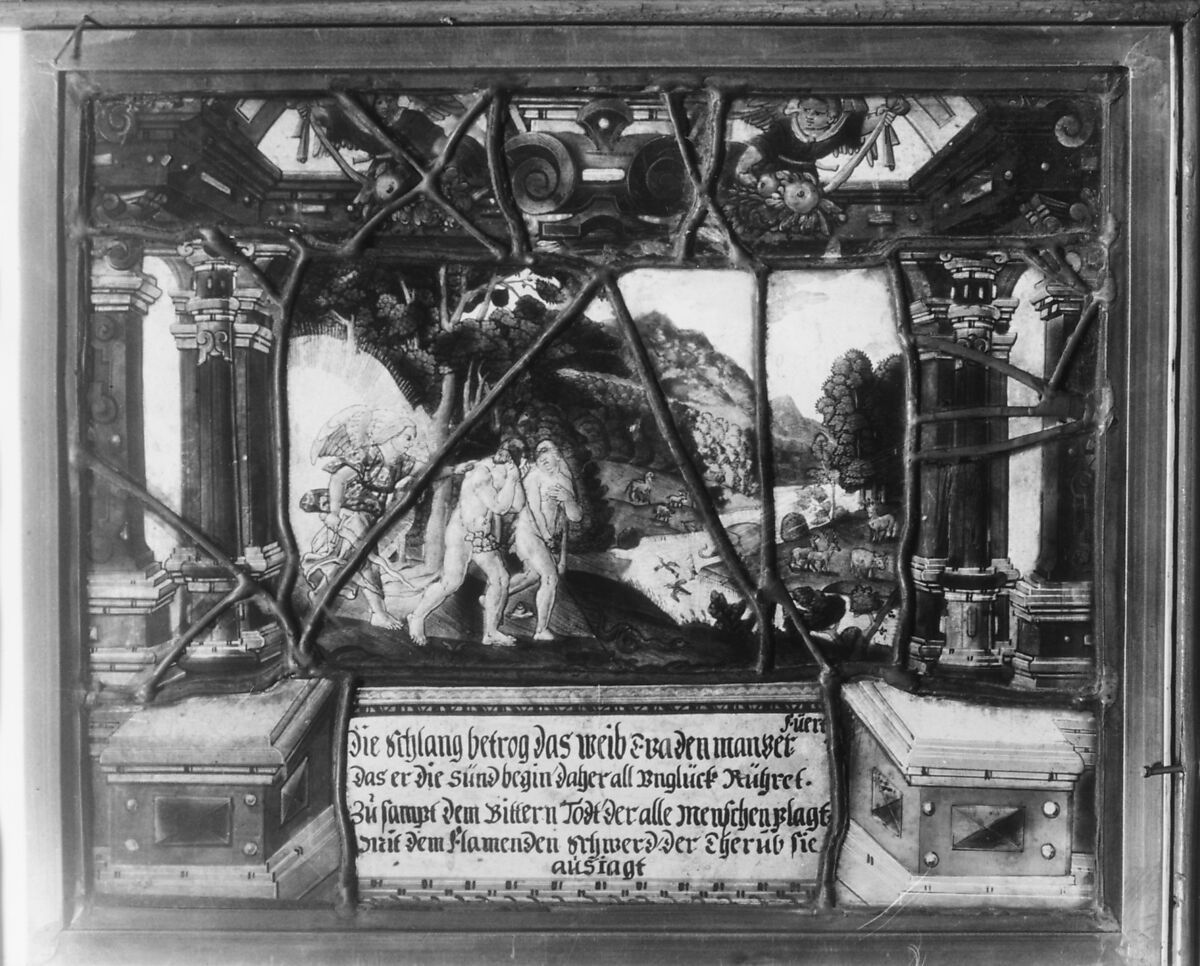 The Expulsion from Paradise (one of a set of four), Possibly the workshop of the Muller family, Zug, Switzerland, Stained glass, Swiss, Zug