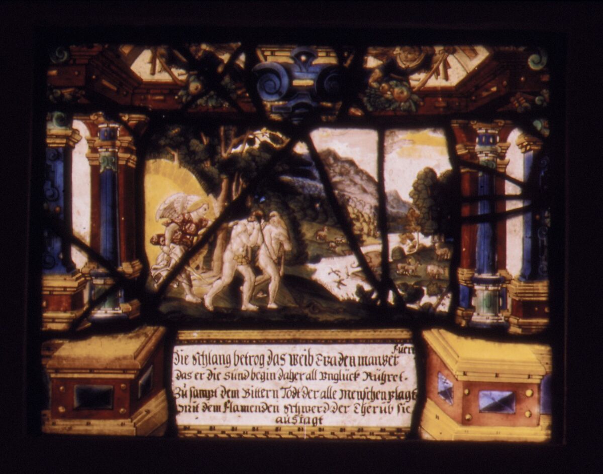 The Expulsion from Paradise (one of a set of four), Possibly the workshop of the Muller family, Zug, Switzerland, Stained glass, Swiss, Zug 