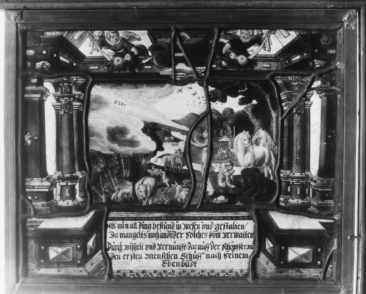 The Creation of Adam (one of a set of four), Possibly the workshop of the Muller family, Zug, Switzerland, Stained glass, Swiss, Zug