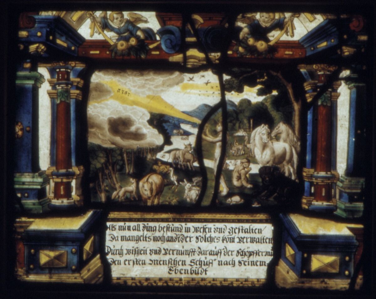 The Creation of Adam (one of a set of four), Possibly the workshop of the Muller family, Zug, Switzerland, Stained glass, Swiss, Zug 