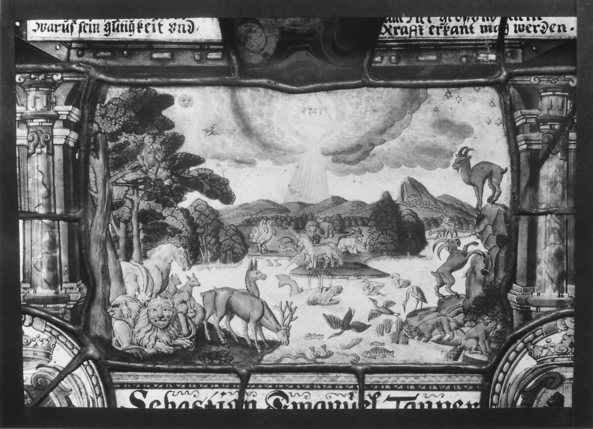 The Creation of the Animals (one of a set of four), Possibly workshop of the Muller family, Zug, Switzerland, Stained glass, Swiss, Zug