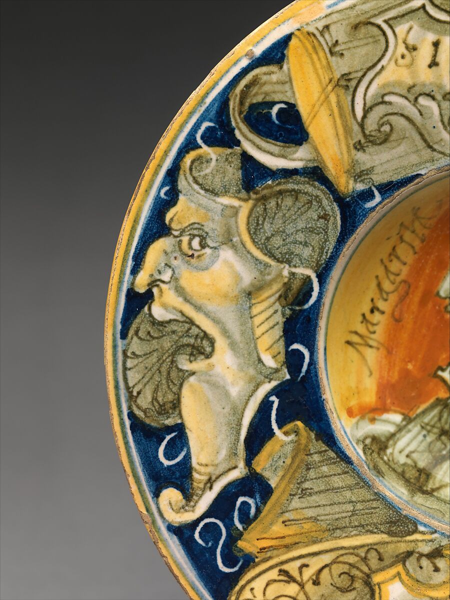 Wide-rimmed bowl with Beautiful Margarita, Maiolica (tin-glazed earthenware), probably Italian, Castel Durante