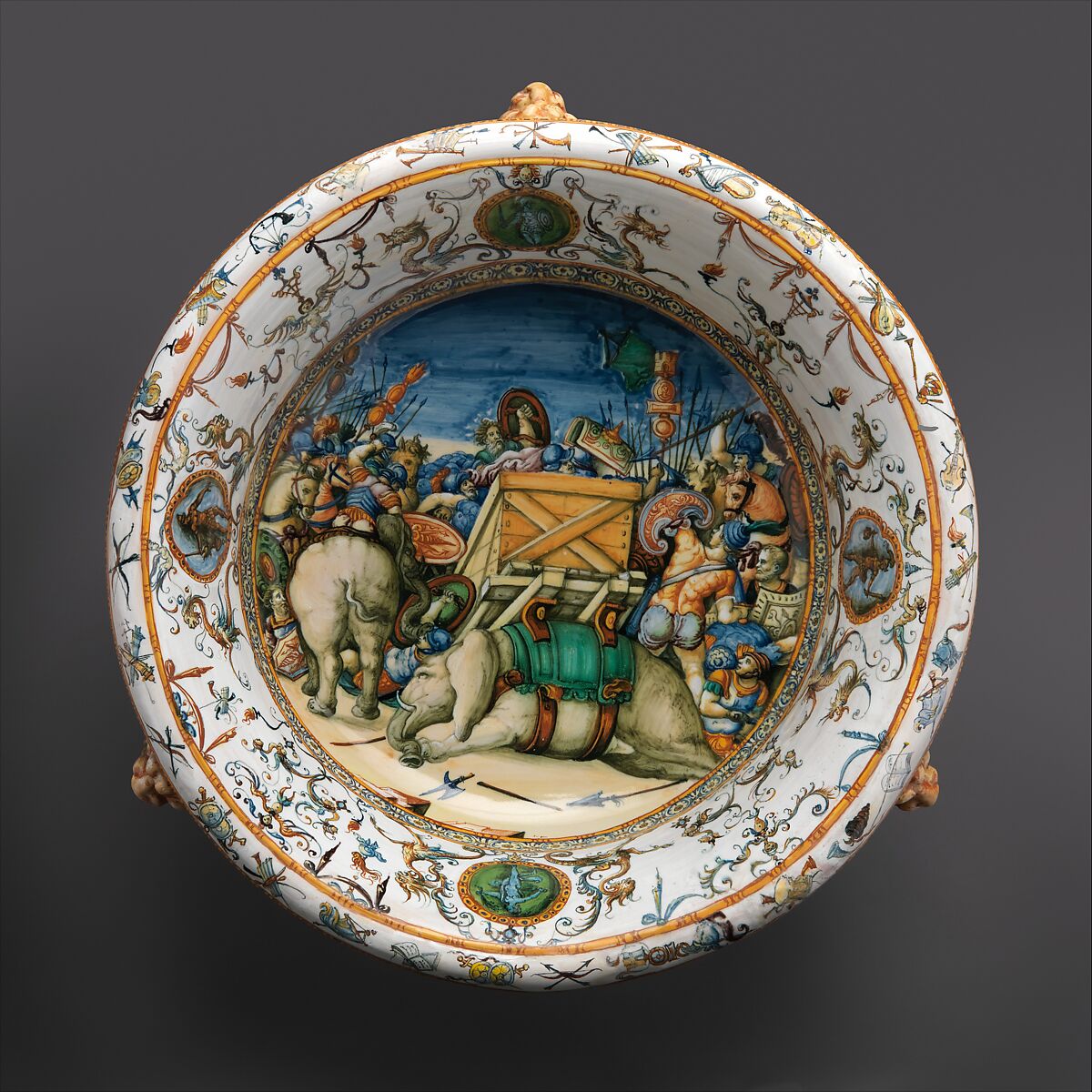 Wine cooler with A Pageant Battle with Elephants, Workshop of the Fontana family (Italian, active ca. 1553–80), Maiolica (tin-glazed earthenware), Italian, Urbino