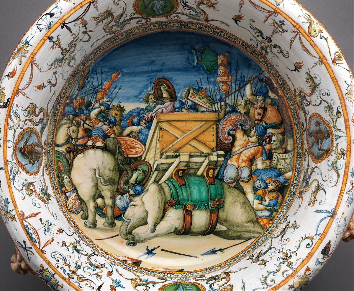 Wine cooler with A Pageant Battle with Elephants, Workshop of the Fontana family (Italian, active ca. 1553–80), Maiolica (tin-glazed earthenware), Italian, Urbino
