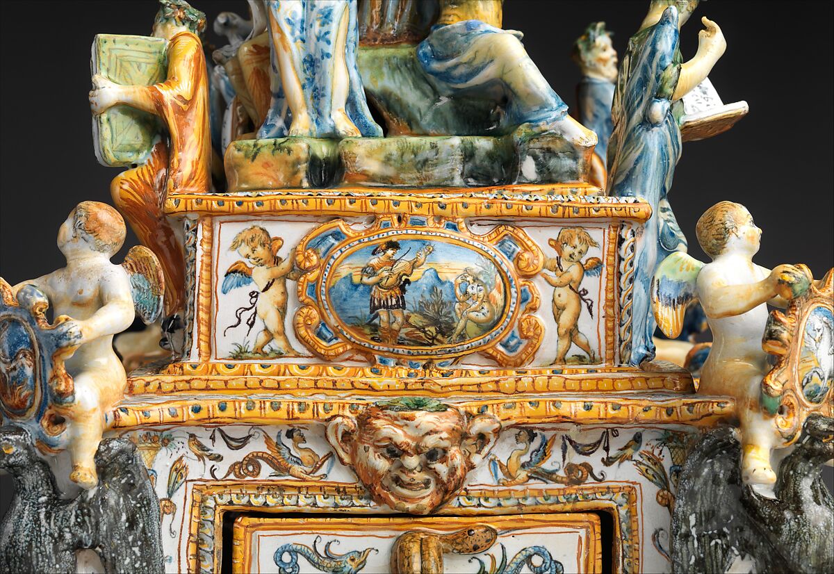 Inkstand with Apollo and the Muses, Workshop of the Patanazzi family (Italian, active ca. 1580–1620), Maiolica (tin-glazed earthenware), Italian, Urbino