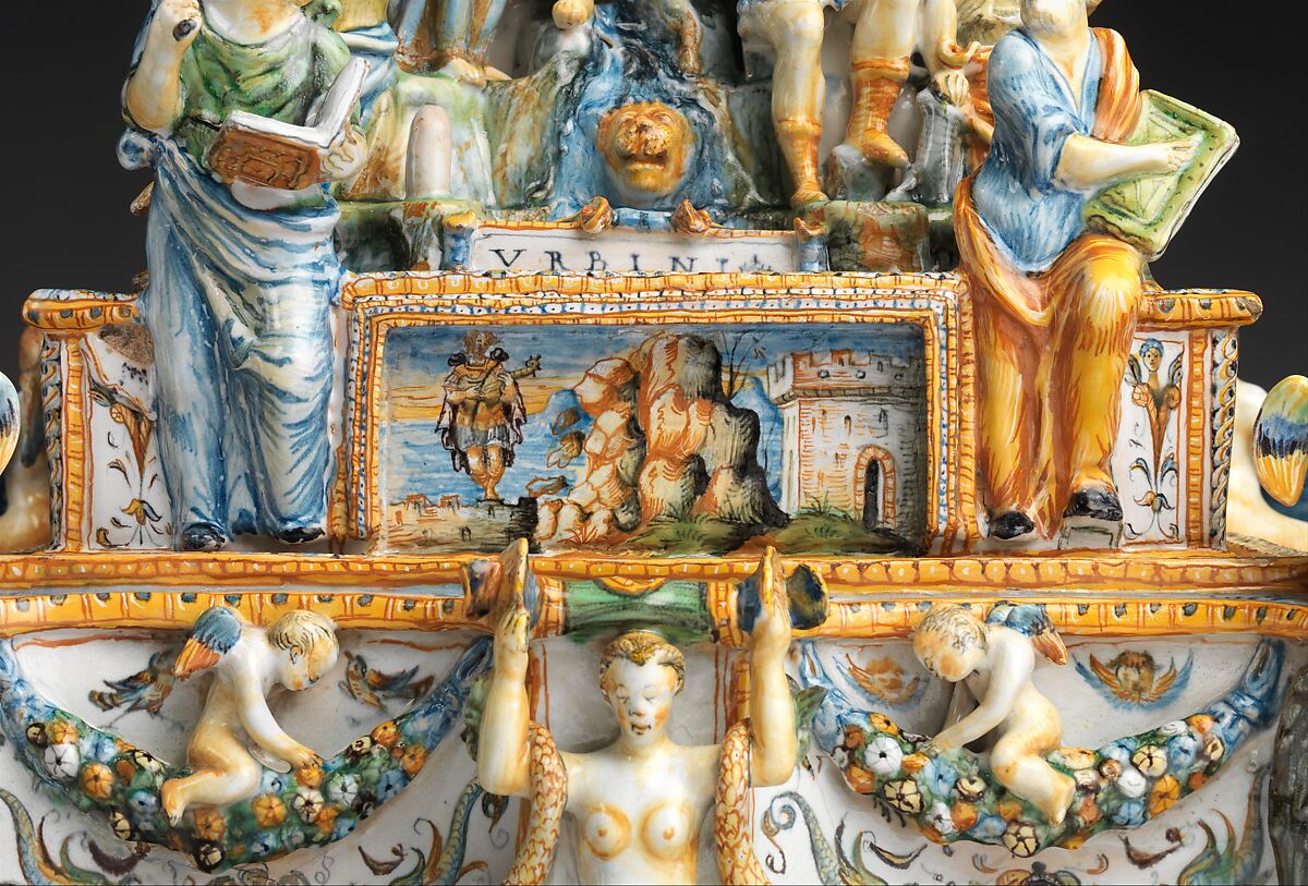 Inkstand with Apollo and the Muses, Workshop of the Patanazzi family (Italian, active ca. 1580–1620), Maiolica (tin-glazed earthenware), Italian, Urbino