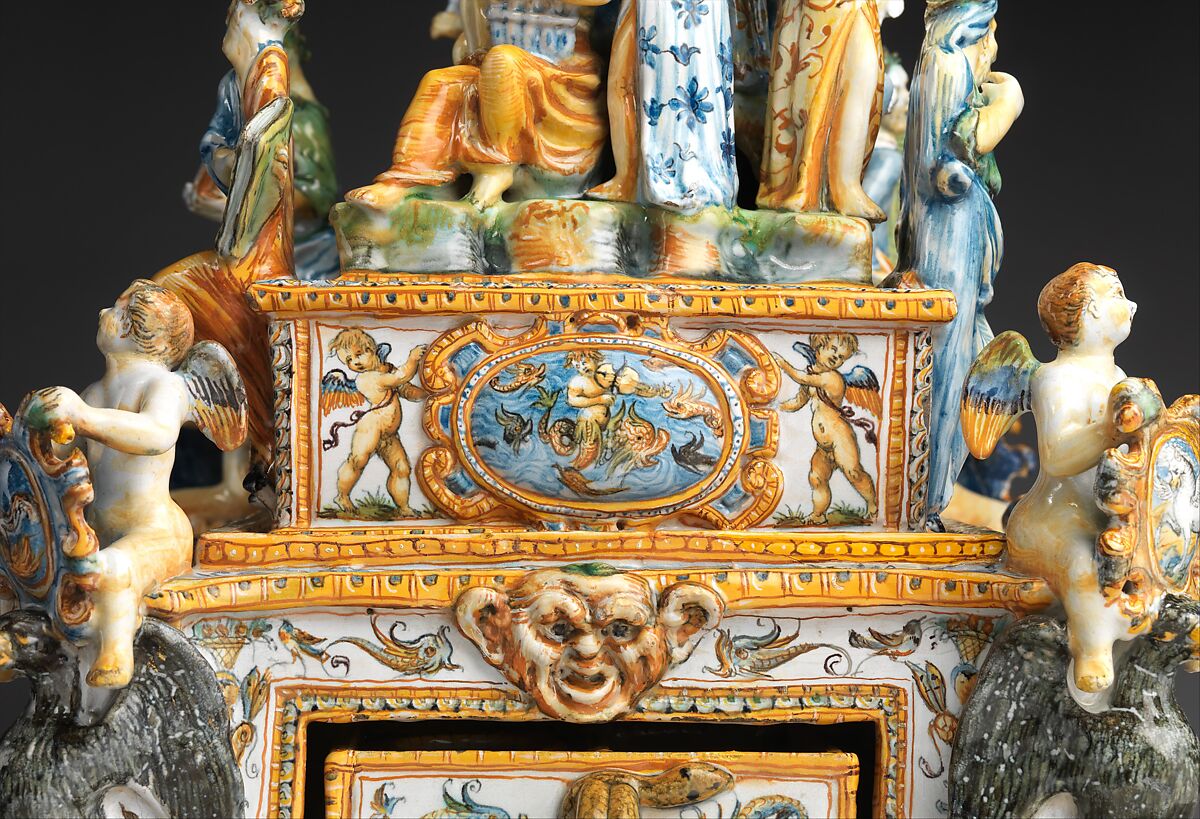 Inkstand with Apollo and the Muses, Workshop of the Patanazzi family (Italian, active ca. 1580–1620), Maiolica (tin-glazed earthenware), Italian, Urbino