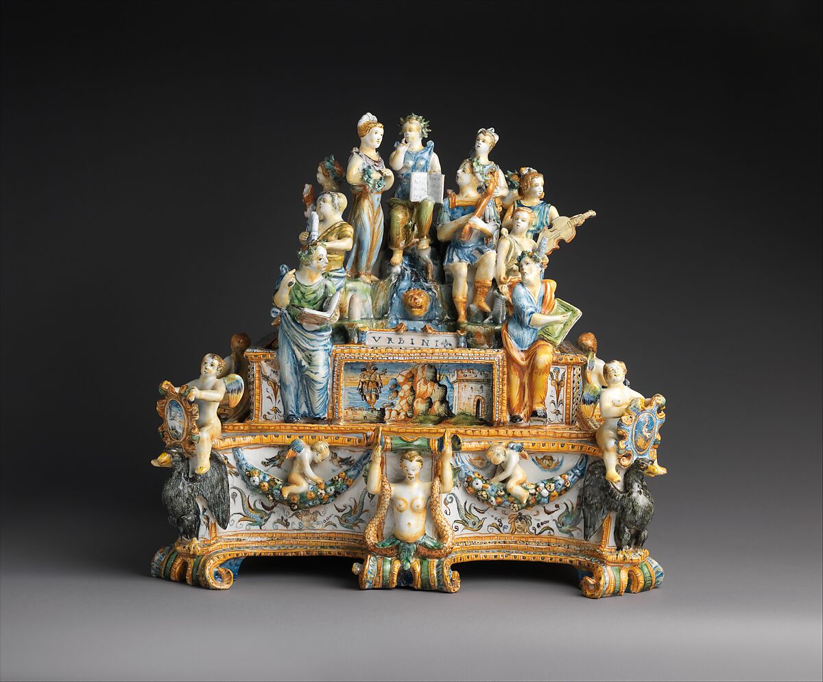 Inkstand with Apollo and the Muses, Workshop of the Patanazzi family (Italian, active ca. 1580–1620), Maiolica (tin-glazed earthenware), Italian, Urbino