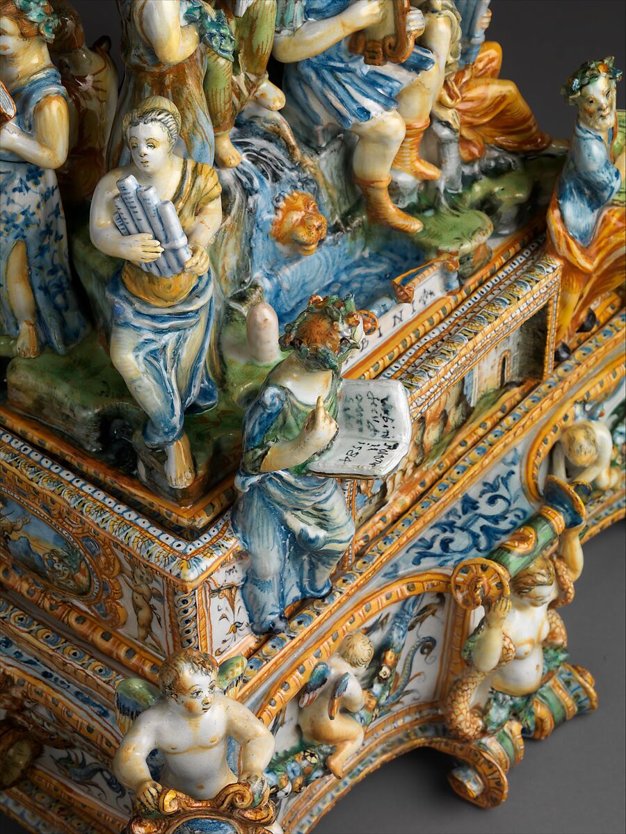 Inkstand with Apollo and the Muses, Workshop of the Patanazzi family (Italian, active ca. 1580–1620), Maiolica (tin-glazed earthenware), Italian, Urbino