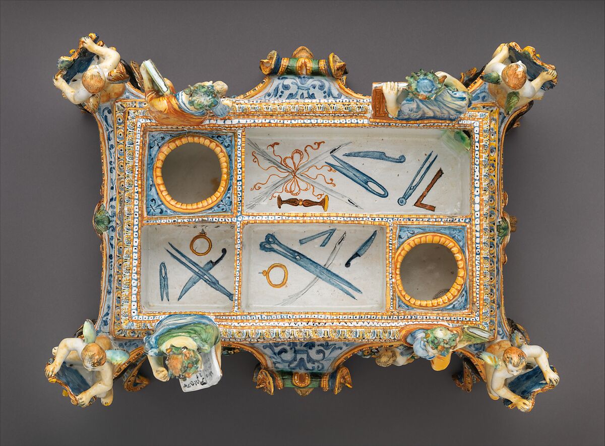 Inkstand with Apollo and the Muses, Workshop of the Patanazzi family (Italian, active ca. 1580–1620), Maiolica (tin-glazed earthenware), Italian, Urbino