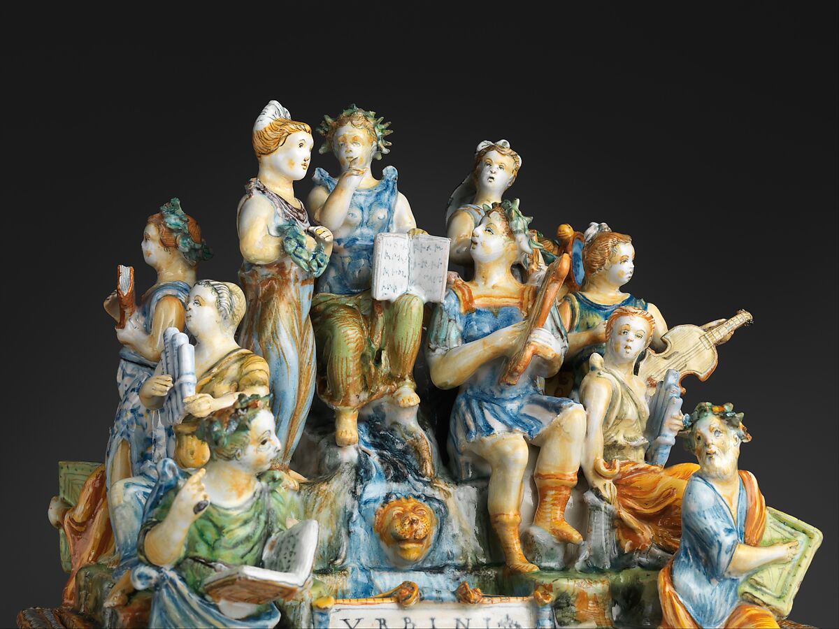 Inkstand with Apollo and the Muses, Workshop of the Patanazzi family (Italian, active ca. 1580–1620), Maiolica (tin-glazed earthenware), Italian, Urbino