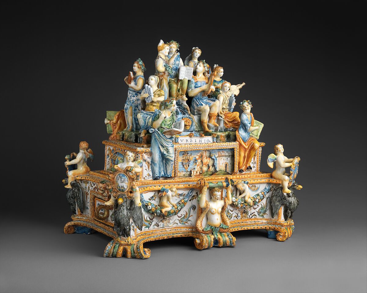 Inkstand with Apollo and the Muses, Workshop of the Patanazzi family (Italian, active ca. 1580–1620), Maiolica (tin-glazed earthenware), Italian, Urbino 
