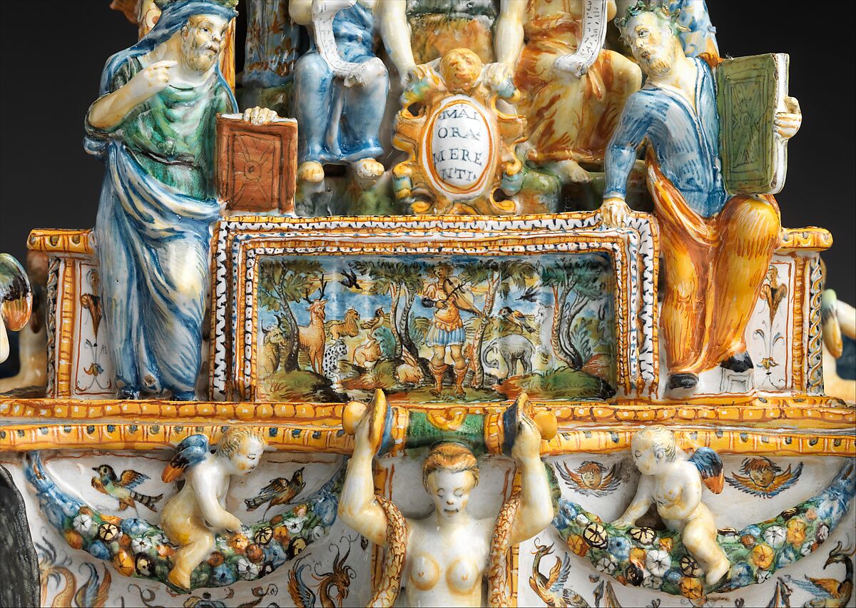 Inkstand with Apollo and the Muses, Workshop of the Patanazzi family (Italian, active ca. 1580–1620), Maiolica (tin-glazed earthenware), Italian, Urbino