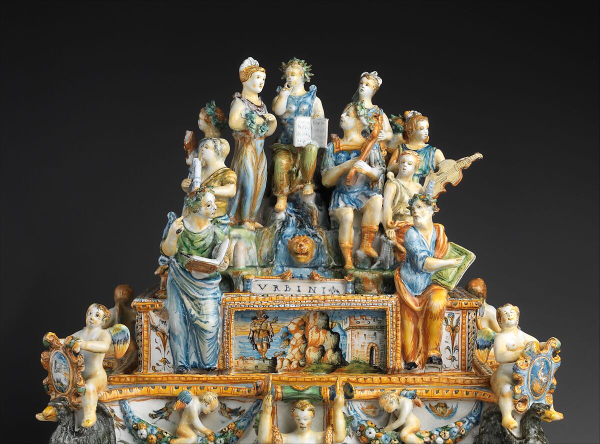 Inkstand with Apollo and the Muses, Workshop of the Patanazzi family (Italian, active ca. 1580–1620), Maiolica (tin-glazed earthenware), Italian, Urbino