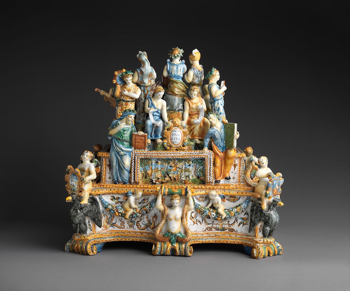 Inkstand with Apollo and the Muses, Workshop of the Patanazzi family (Italian, active ca. 1580–1620), Maiolica (tin-glazed earthenware), Italian, Urbino