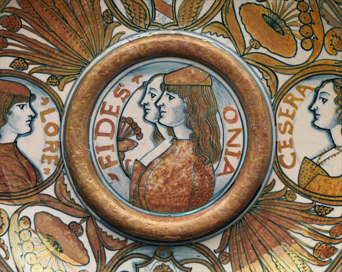 Ewer stand with male and female profiles and arms of the Orsini family, Maiolica (tin-glazed earthenware), lustered, Italian, Deruta