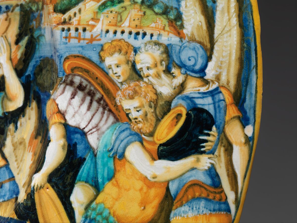 Dish with The Heroism of Marcus Curtius, Workshop of Guido de Merlino (Italian, active ca. 1523–58), Maiolica (tin-glazed earthenware), Italian, Urbino