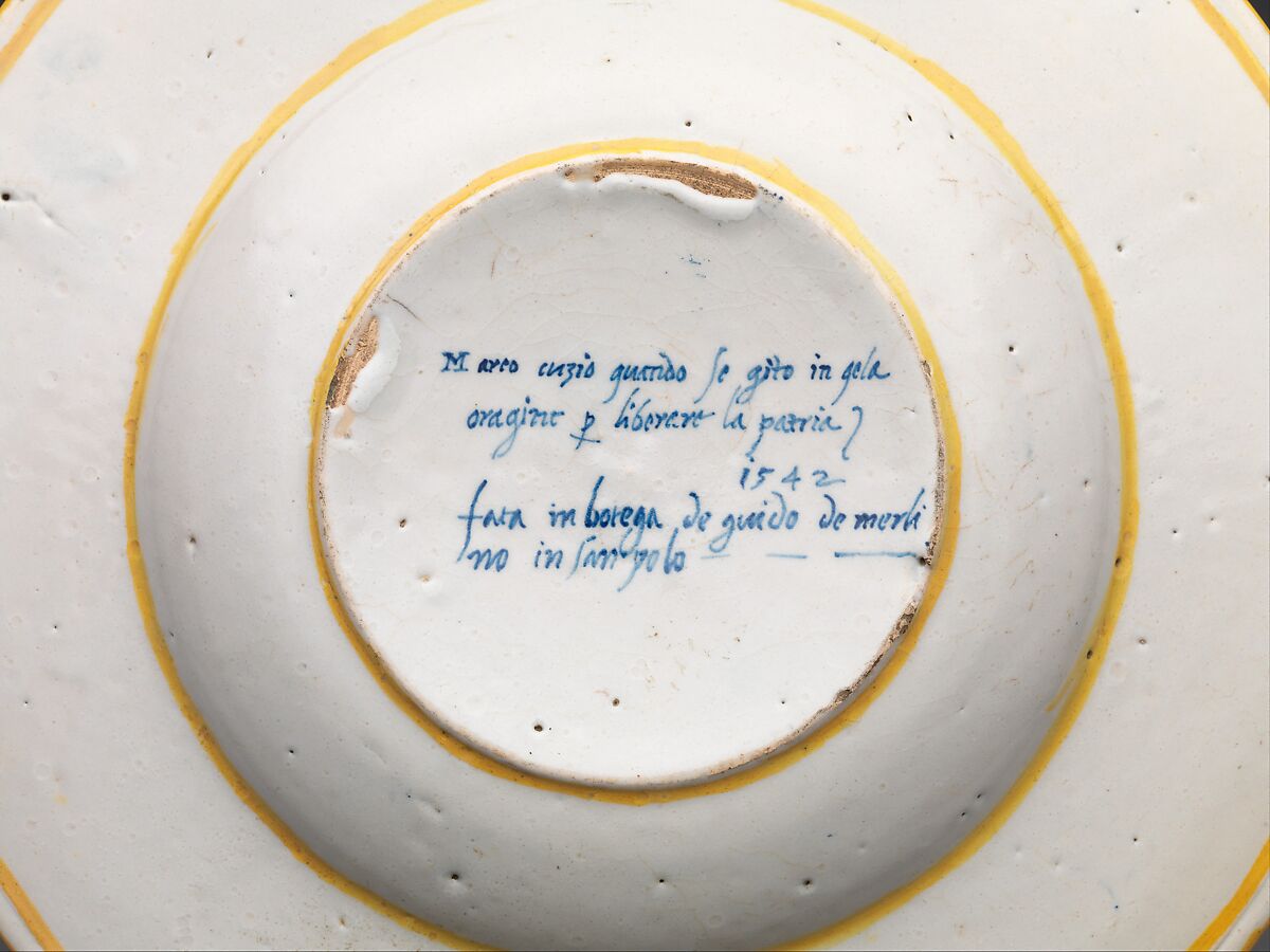 Dish with The Heroism of Marcus Curtius, Workshop of Guido de Merlino (Italian, active ca. 1523–58), Maiolica (tin-glazed earthenware), Italian, Urbino