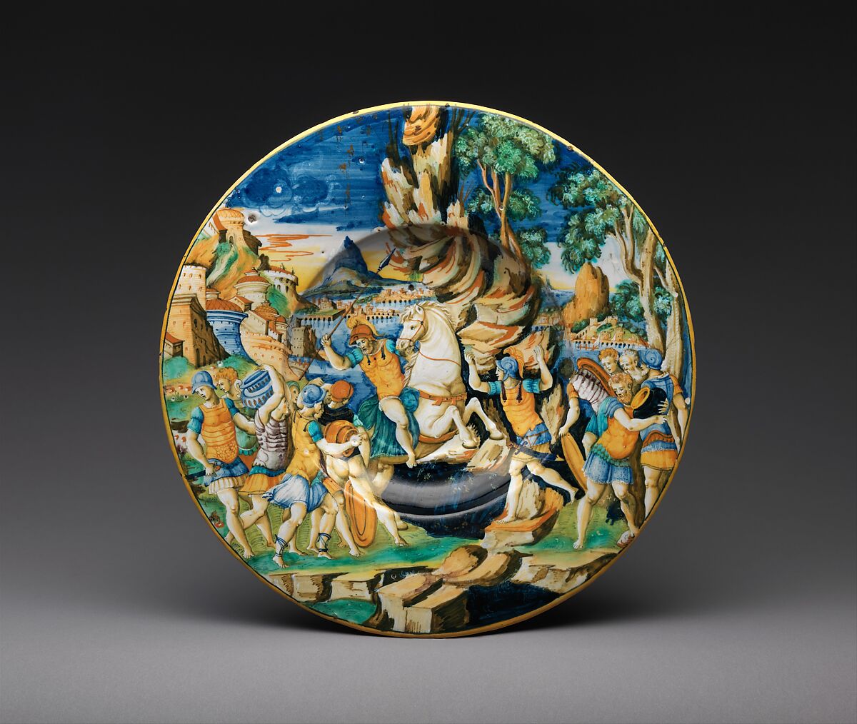 Dish with The Heroism of Marcus Curtius, Workshop of Guido de Merlino (Italian, active ca. 1523–58), Maiolica (tin-glazed earthenware), Italian, Urbino 