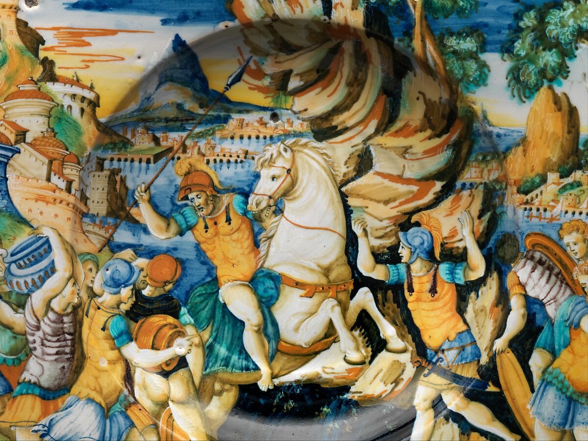 Dish with The Heroism of Marcus Curtius, Workshop of Guido de Merlino (Italian, active ca. 1523–58), Maiolica (tin-glazed earthenware), Italian, Urbino