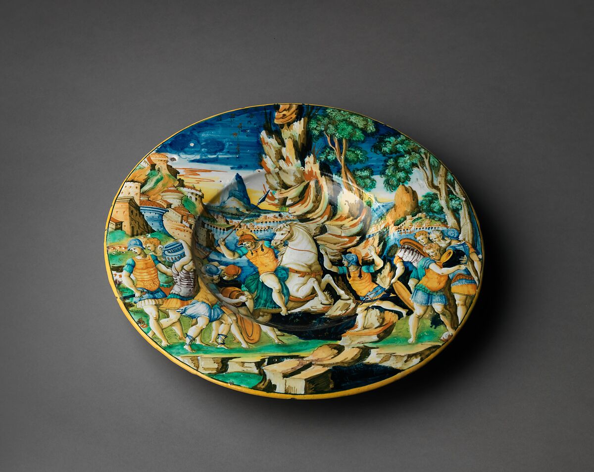 Dish with The Heroism of Marcus Curtius, Workshop of Guido de Merlino (Italian, active ca. 1523–58), Maiolica (tin-glazed earthenware), Italian, Urbino