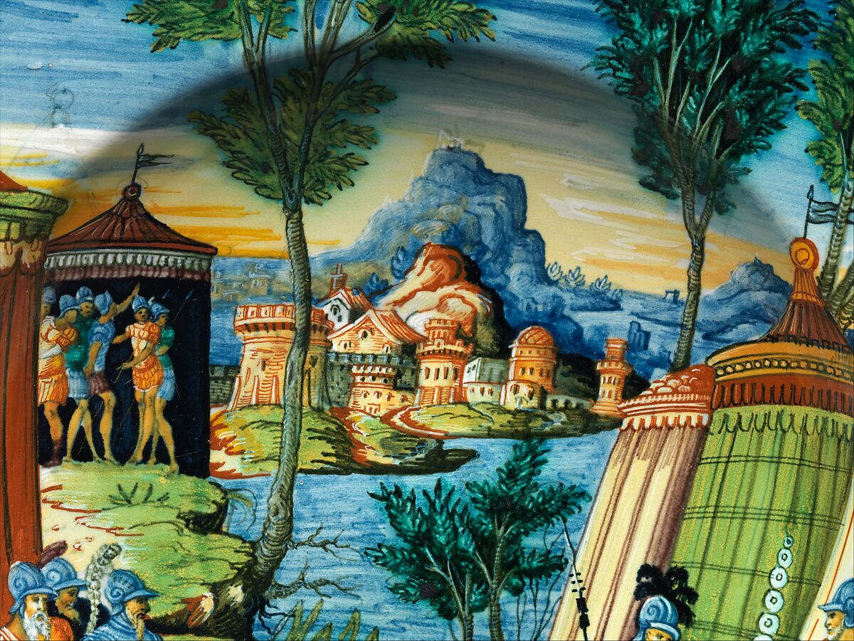 Dish or plate with Hannibal Encountering Roman Troops in Italy, Probably workshop of Guido Durantino (Italian, Urbino, active 1516–ca. 1576), Maiolica (tin-glazed earthenware), Italian, Urbino