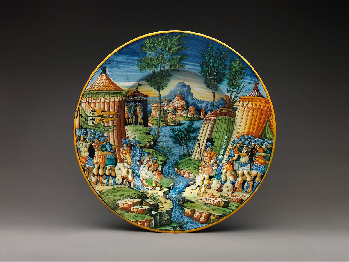 Dish or plate with Hannibal Encountering Roman Troops in Italy, Probably workshop of Guido Durantino (Italian, Urbino, active 1516–ca. 1576), Maiolica (tin-glazed earthenware), Italian, Urbino 