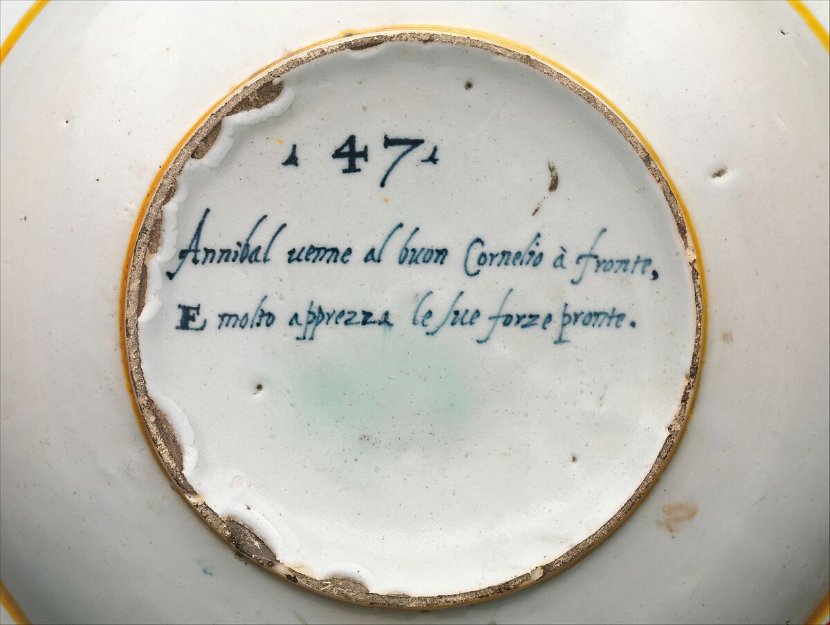 Dish or plate with Hannibal Encountering Roman Troops in Italy, Probably workshop of Guido Durantino (Italian, Urbino, active 1516–ca. 1576), Maiolica (tin-glazed earthenware), Italian, Urbino