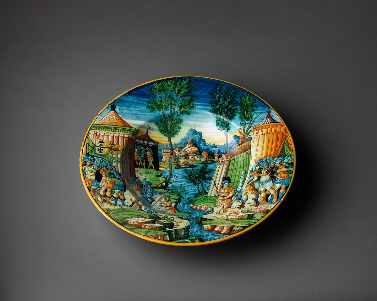 Dish or plate with Hannibal Encountering Roman Troops in Italy, Probably workshop of Guido Durantino (Italian, Urbino, active 1516–ca. 1576), Maiolica (tin-glazed earthenware), Italian, Urbino