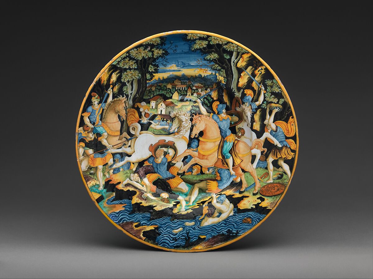 Dish with battle scene, Painter of the Coal Mine Service (active mid-16th century), Maiolica (tin-glazed earthenware), Italian, Urbino