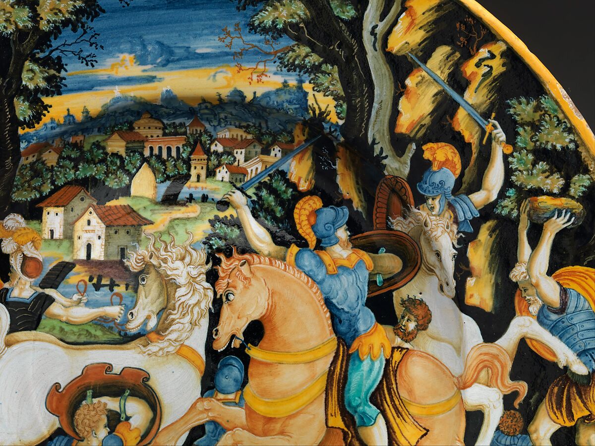 Dish with battle scene, Painter of the Coal Mine Service (active mid-16th century), Maiolica (tin-glazed earthenware), Italian, Urbino