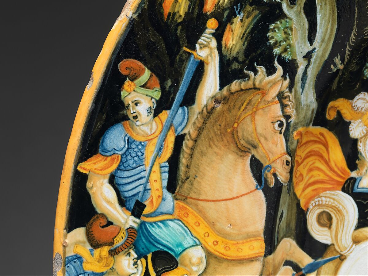 Dish with battle scene, Painter of the Coal Mine Service (active mid-16th century), Maiolica (tin-glazed earthenware), Italian, Urbino