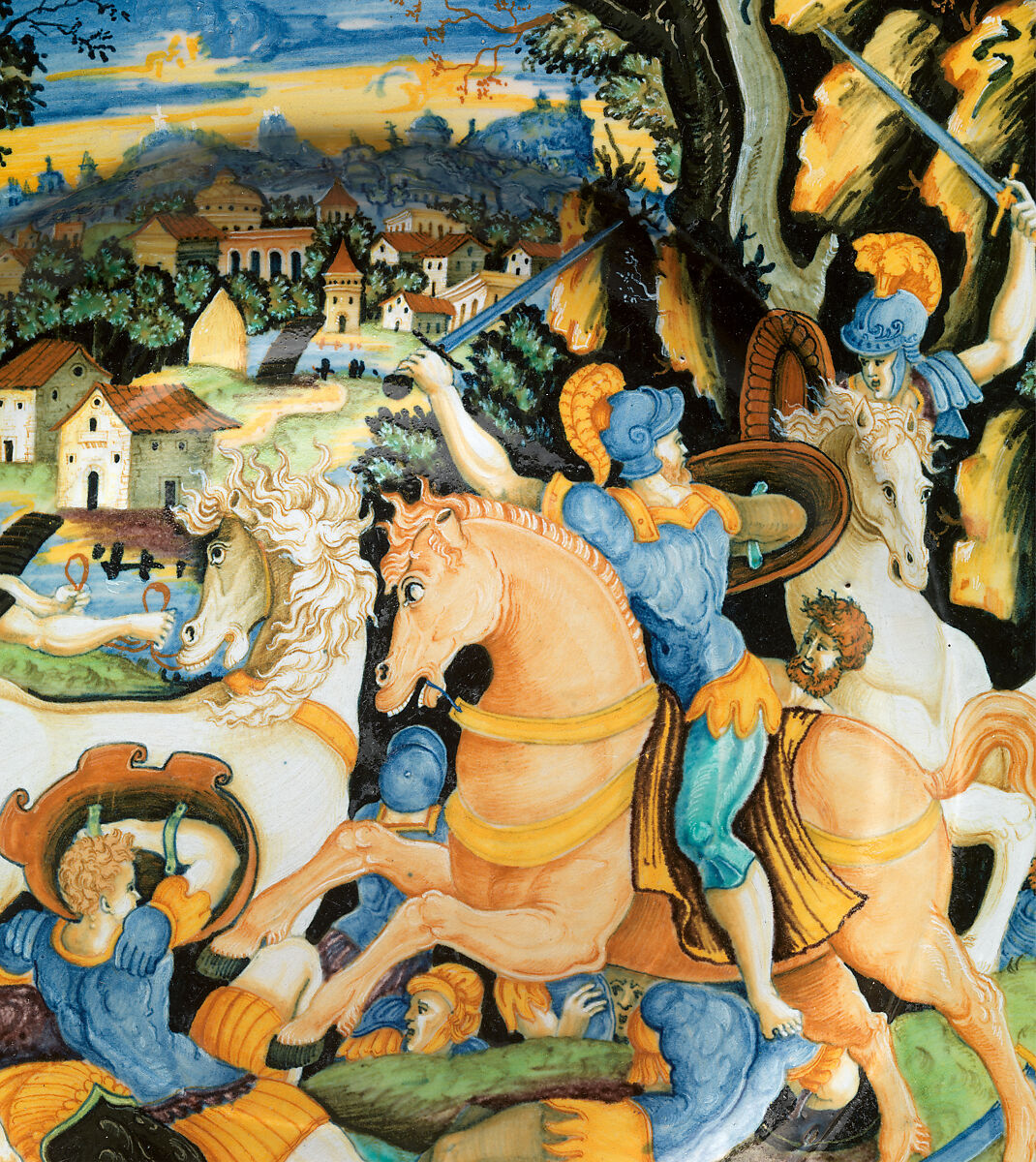 Dish with battle scene, Painter of the Coal Mine Service (active mid-16th century), Maiolica (tin-glazed earthenware), Italian, Urbino