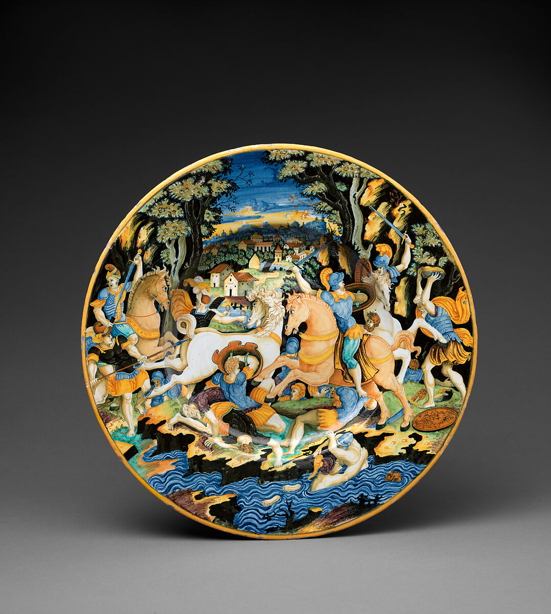 Dish with battle scene, Painter of the Coal Mine Service (active mid-16th century), Maiolica (tin-glazed earthenware), Italian, Urbino 