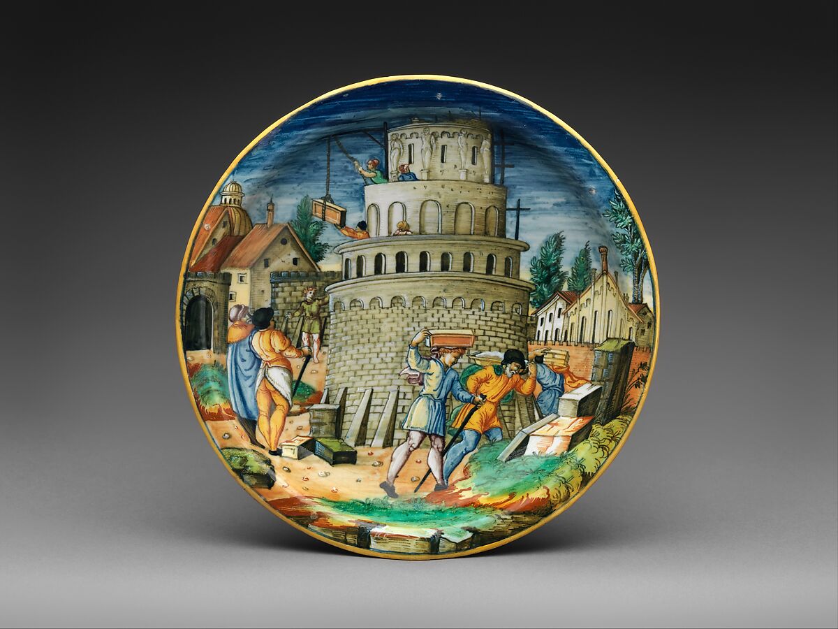 Plate with The Building of the Tower of Babel, Probably workshop of Guido Durantino (Italian, Urbino, active 1516–ca. 1576), Maiolica (tin-glazed earthenware), Italian, Urbino 