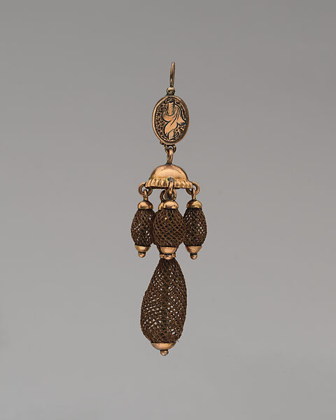 Pair of Earrings, Possibly Wright, Kay and Company, Gold, hair, American