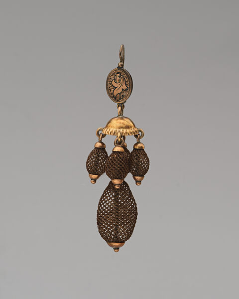 Pair of Earrings, Possibly Wright, Kay and Company, Gold, hair, American