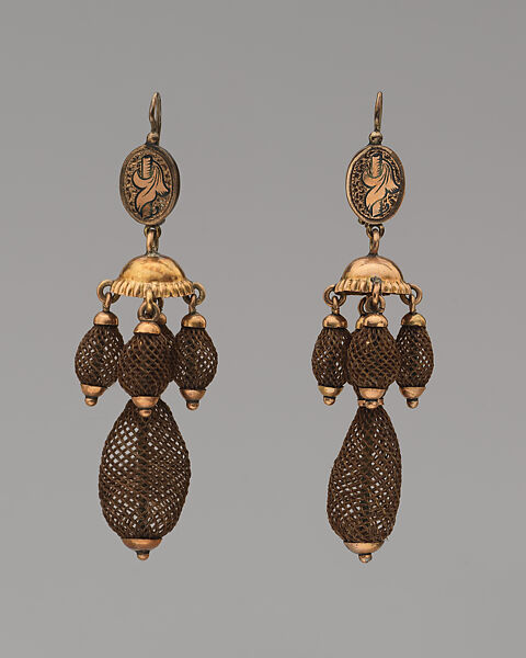 Pair of Earrings, Possibly Wright, Kay and Company, Gold, hair, American