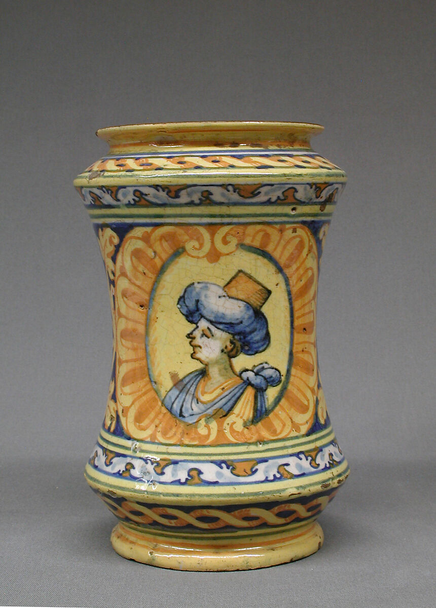 Albarello, Possibly by Vincenzo di Marco, Maiolica (tin-glazed earthenware), Italian, Sicily or Faenza 