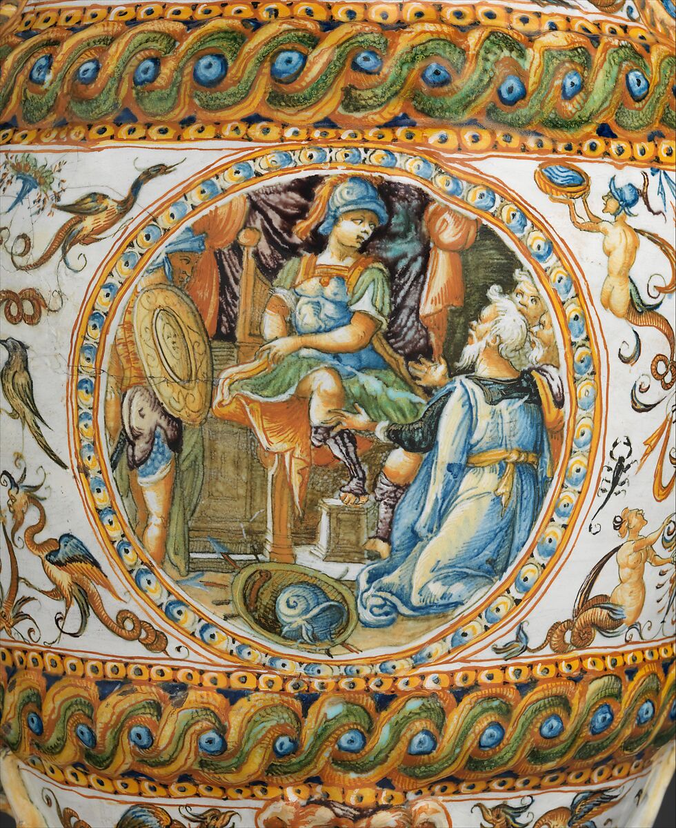 Pharmacy jar with subjects from The Campaigns of Julius Caesar, Workshop of the Patanazzi Family (Italian, Urbino, late 16th–early 17th century), Maiolica (tin-glazed earthenware), Italian, Urbino