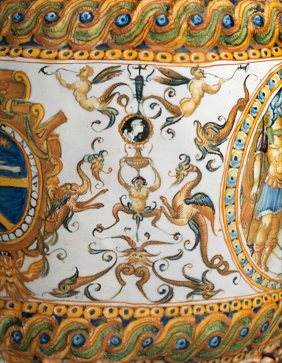 Pharmacy jar with subjects from The Campaigns of Julius Caesar, Workshop of the Patanazzi Family (Italian, Urbino, late 16th–early 17th century), Maiolica (tin-glazed earthenware), Italian, Urbino