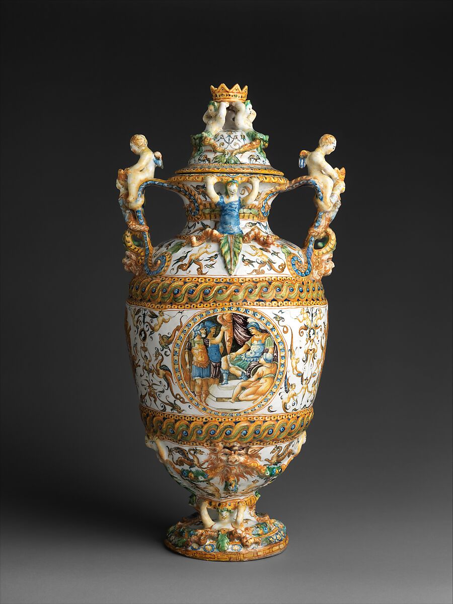 Pharmacy jar with subjects from The Campaigns of Julius Caesar, Workshop of the Patanazzi Family (Italian, Urbino, late 16th–early 17th century), Maiolica (tin-glazed earthenware), Italian, Urbino