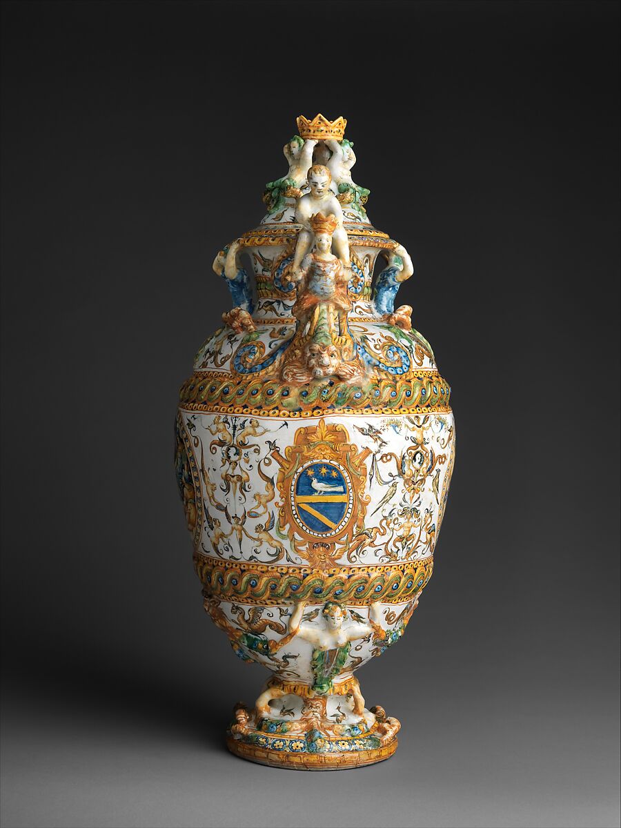 Pharmacy jar with subjects from The Campaigns of Julius Caesar, Workshop of the Patanazzi Family (Italian, Urbino, late 16th–early 17th century), Maiolica (tin-glazed earthenware), Italian, Urbino
