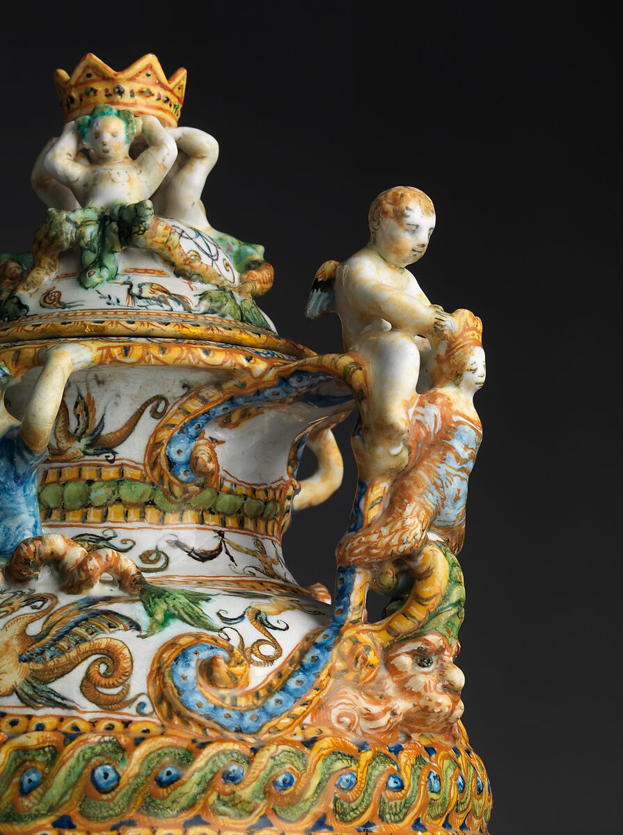 Pharmacy jar with subjects from The Campaigns of Julius Caesar, Workshop of the Patanazzi Family (Italian, Urbino, late 16th–early 17th century), Maiolica (tin-glazed earthenware), Italian, Urbino