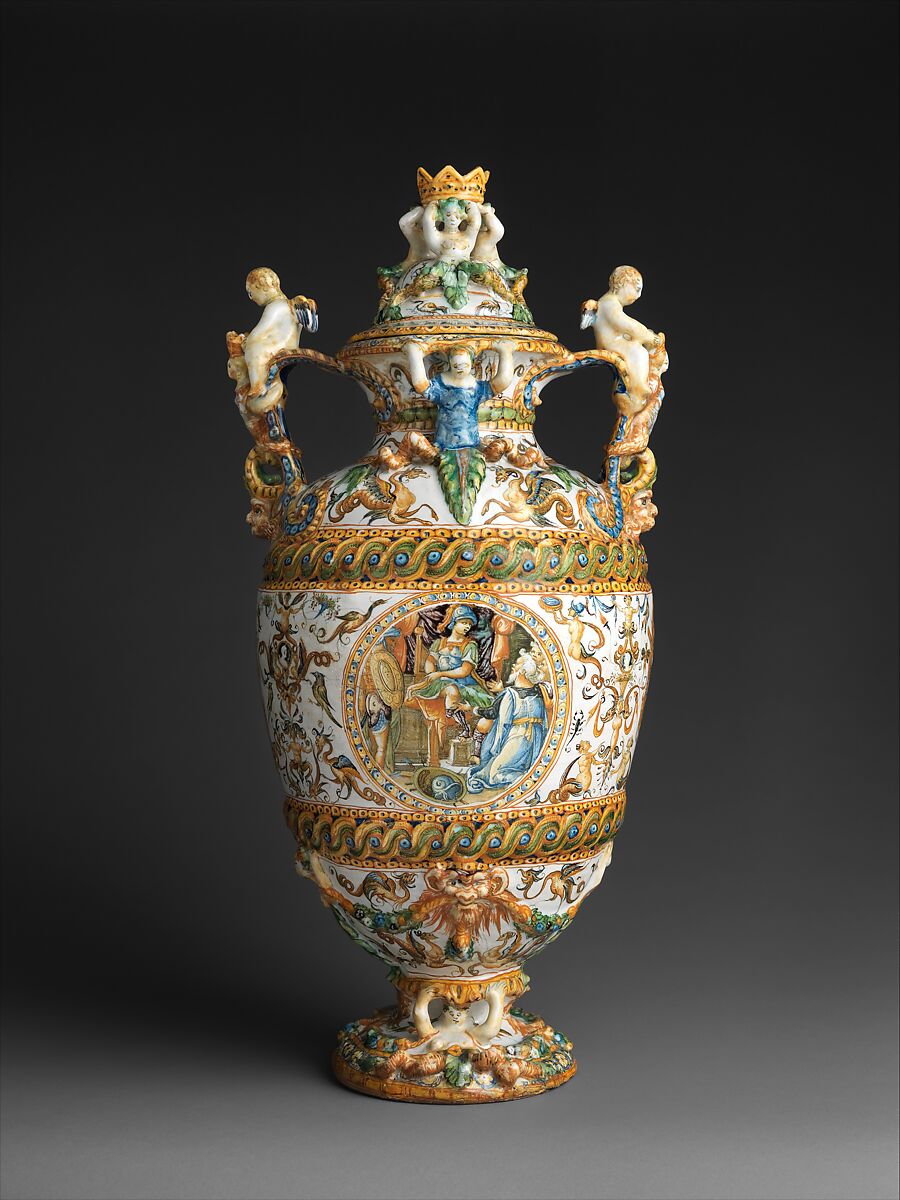 Pharmacy jar with subjects from The Campaigns of Julius Caesar, Workshop of the Patanazzi Family (Italian, Urbino, late 16th–early 17th century), Maiolica (tin-glazed earthenware), Italian, Urbino 