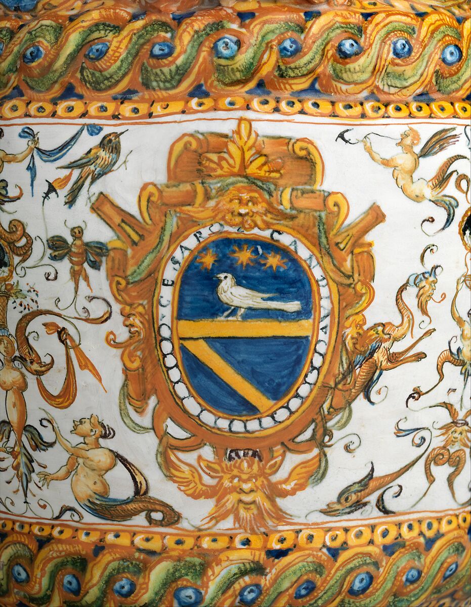 Pharmacy jar with subjects from The Campaigns of Julius Caesar, Workshop of the Patanazzi Family (Italian, Urbino, late 16th–early 17th century), Maiolica (tin-glazed earthenware), Italian, Urbino