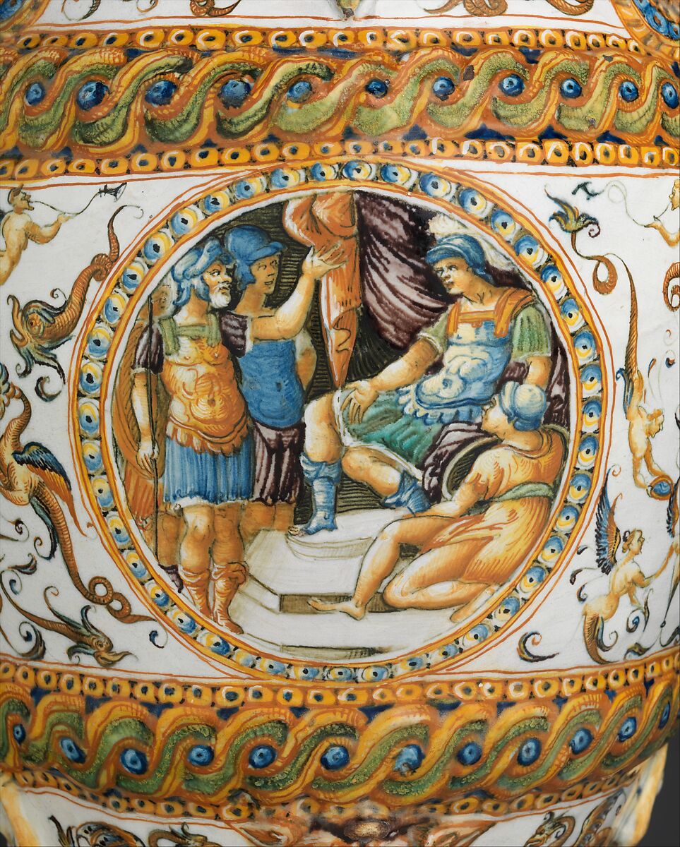 Pharmacy jar with subjects from The Campaigns of Julius Caesar, Workshop of the Patanazzi Family (Italian, Urbino, late 16th–early 17th century), Maiolica (tin-glazed earthenware), Italian, Urbino
